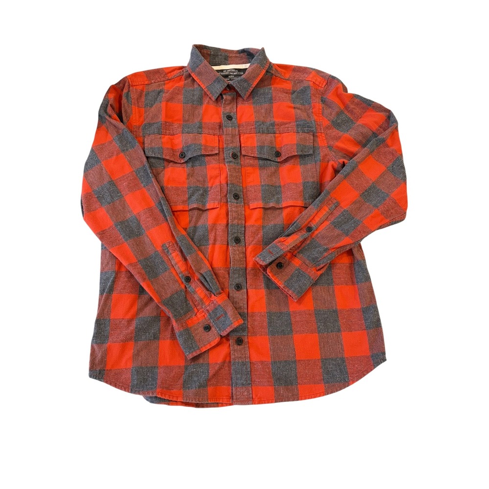 REI Co-op Mens Red Grey Buffalo Plaid Flannel Shirt Organic Cotton Medium EUC